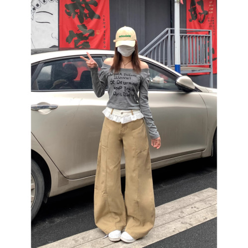 大码美式卡其蕾丝边拼接牛仔裤女