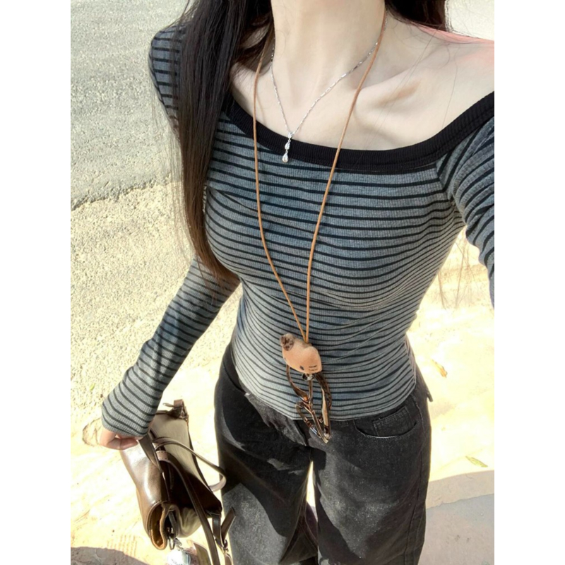 大码美式辣妹条纹斜肩长袖t恤女