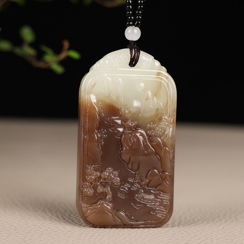 新疆和田玉白玉吊坠山水牌且末糖料大好河山玉石意境玉牌挂件玉佩