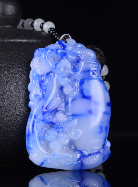 花瓶新品青花玉和田玉吊坠富贵开花玉石女款挂件转运平安玉牌项链