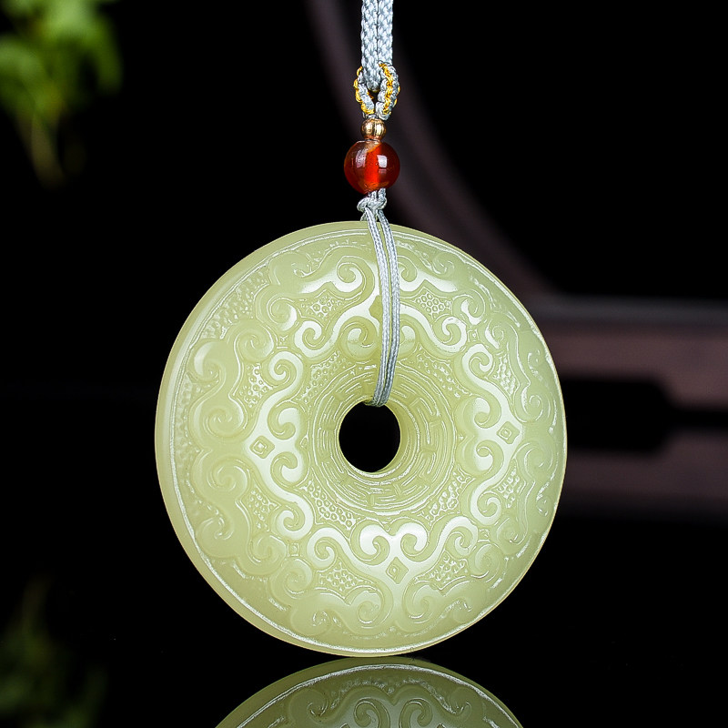 新疆和田玉吊坠青白玉男女款祥云双面雕刻仿古件项链黄口玉石挂件