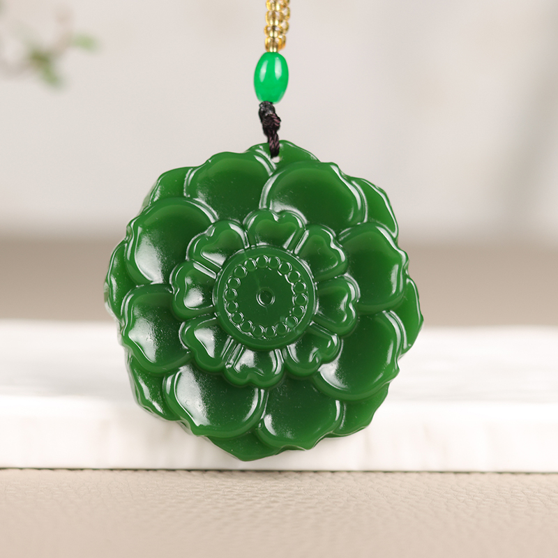 新疆和田玉精雕纯天然玉石碧玉吊坠男女款项链富贵开花玉佩菠菜绿
