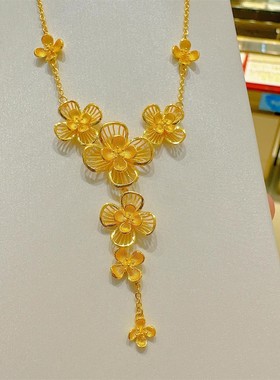古法金梅花落雪一体链项链女镂空花朵流苏吊坠黄金婚嫁首饰锁骨链