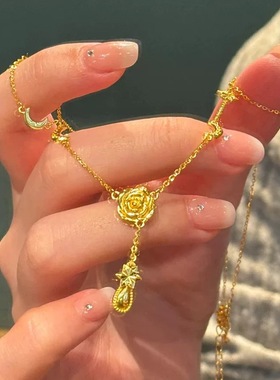 新款黄金色轻奢超仙唯美艳丽感金丝缠绕玫瑰项链高级感小众锁骨链