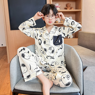 儿童睡衣男童春秋季长袖翻领开衫史努比卡通套装空调家居服中大童