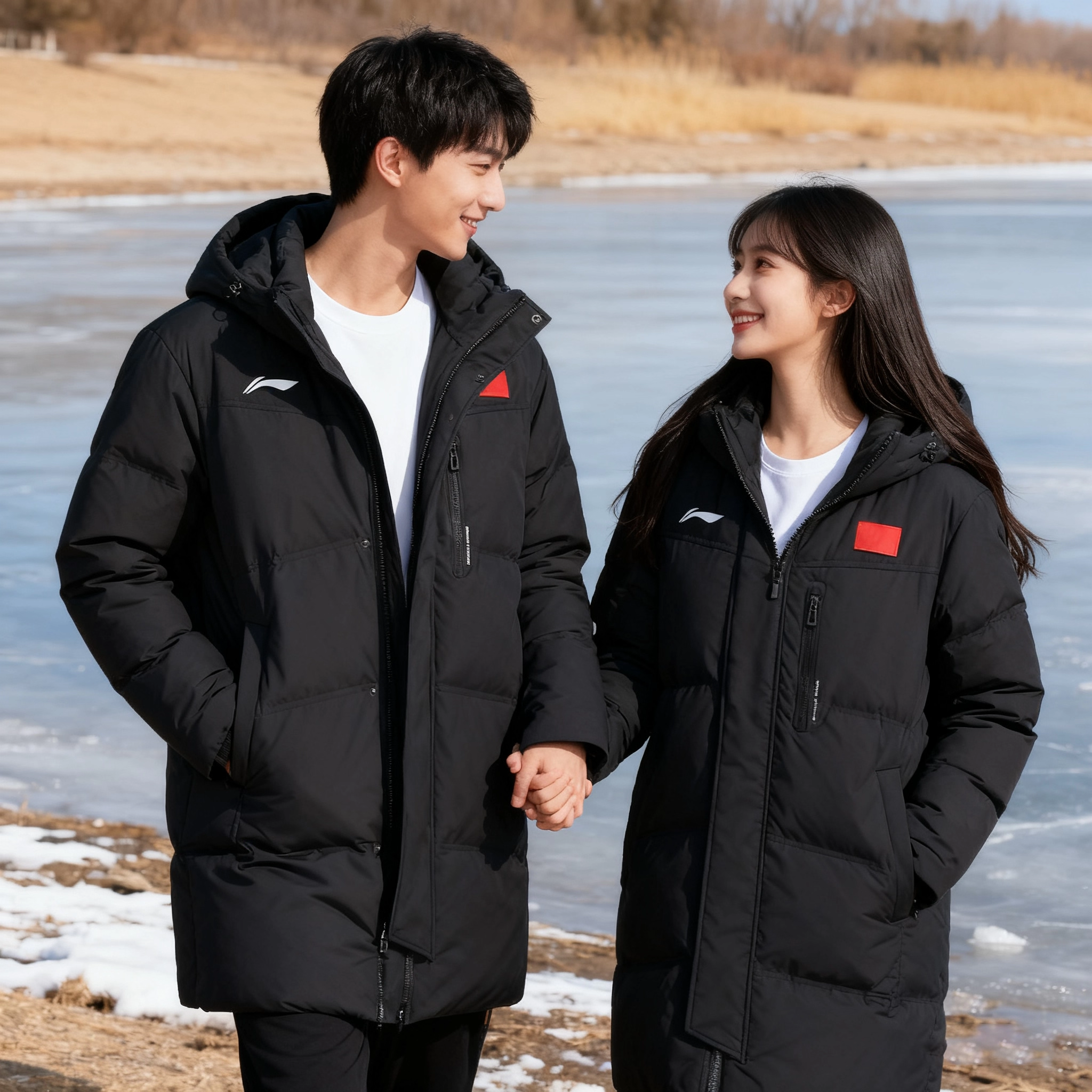 李宁羽绒服中长款男女同款2025新款80鸭绒连帽防风运动情侣外套