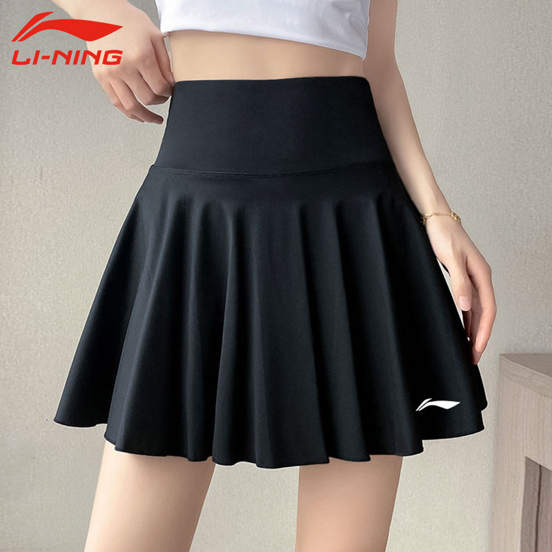 李宁运动短裙女夏季新款黑色高腰防走光速干百褶半身裙羽毛球裙女