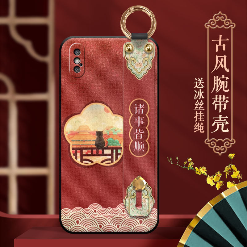 iPhone x手机壳xs时尚中国风女款xr个性牛年腕带壳苹果xs max网红挂绳古风流苏全包防摔保护套红宫盼猫