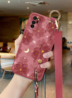 星月茶花红适用于荣耀v30手机壳v30pro新款保护套荣耀v40个性v40轻奢版高级女v20腕带斜挎绳硅胶全包防摔软壳