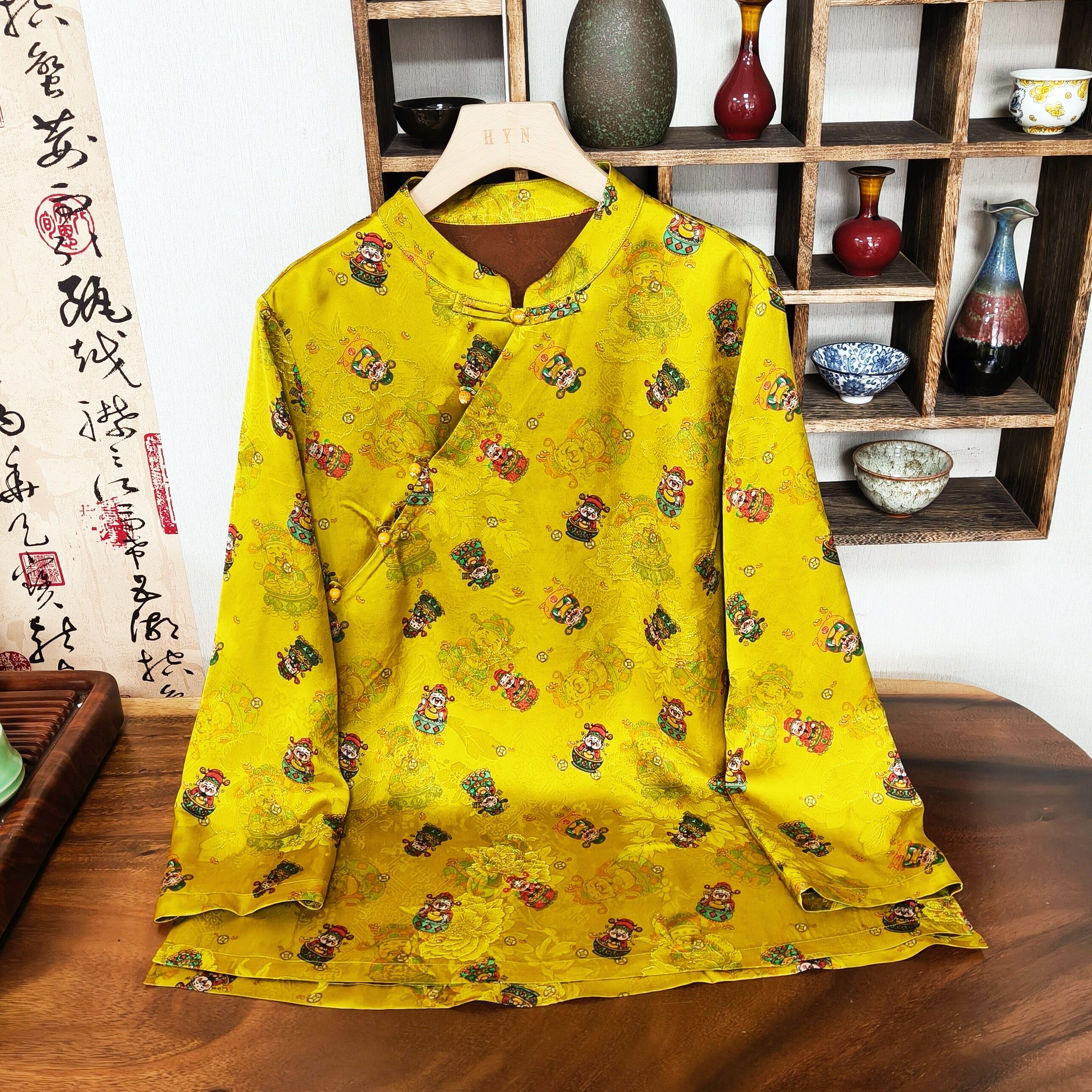 YUEZHE国风时尚大码宽松旗袍2026春季新款中式长袖提花休闲上衣