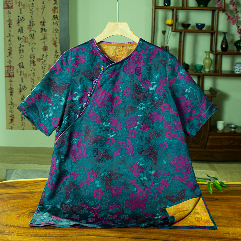 YUEZHE 夏季新中式圆领提花上衣女国风宽松显瘦设计感女装