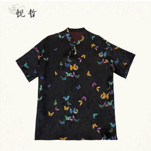 YUEZHE 时尚休闲国风衬衣2025春季新款短袖黑色衬衫高端女装上衣