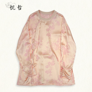 国风衬衫 YUEZHE 网红重磅春夏宽松印花圆领休闲时尚 T恤长袖 新中式