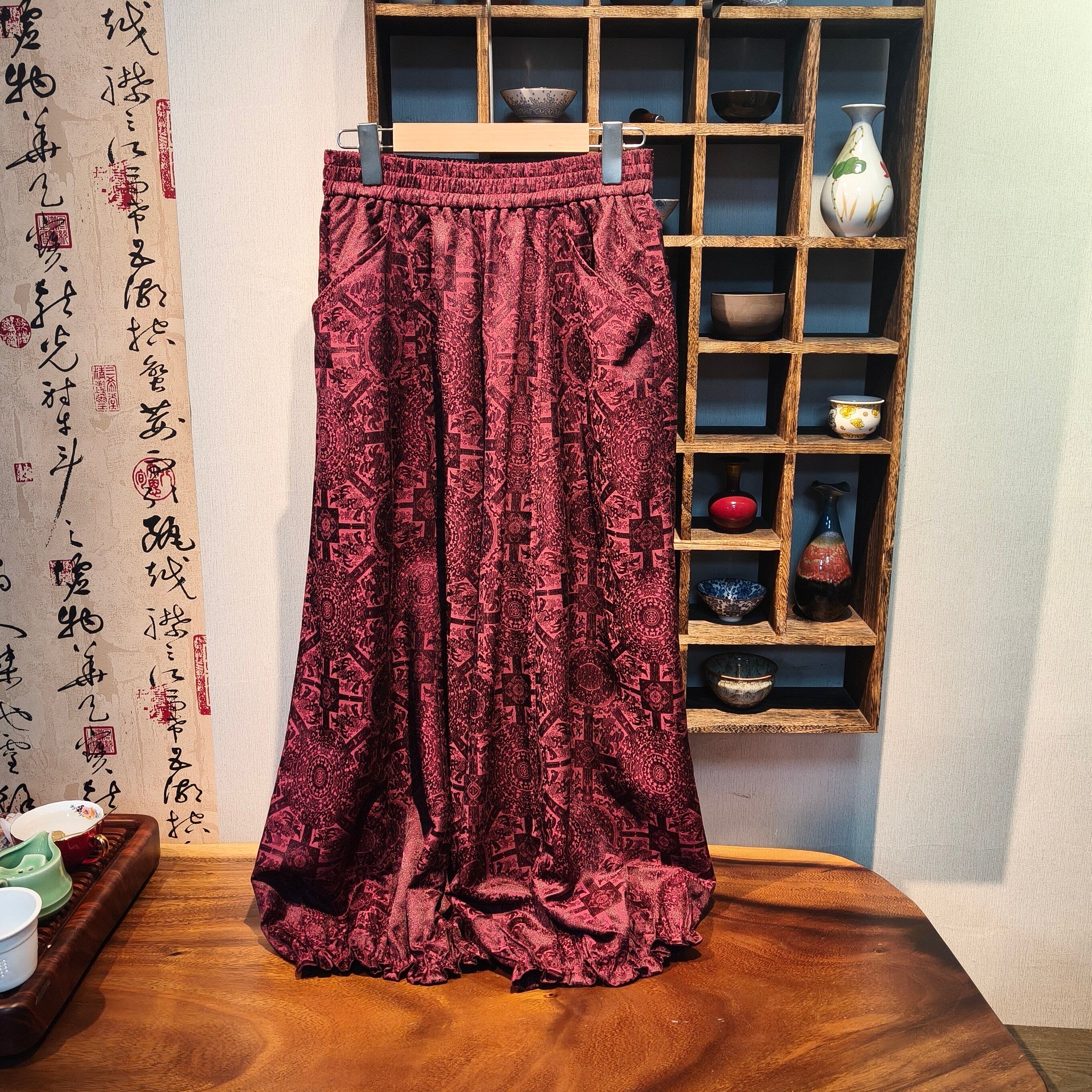 YUEZHE春款提花新中式时尚松紧腰花苞裤2026中国风宽松百搭休闲裤