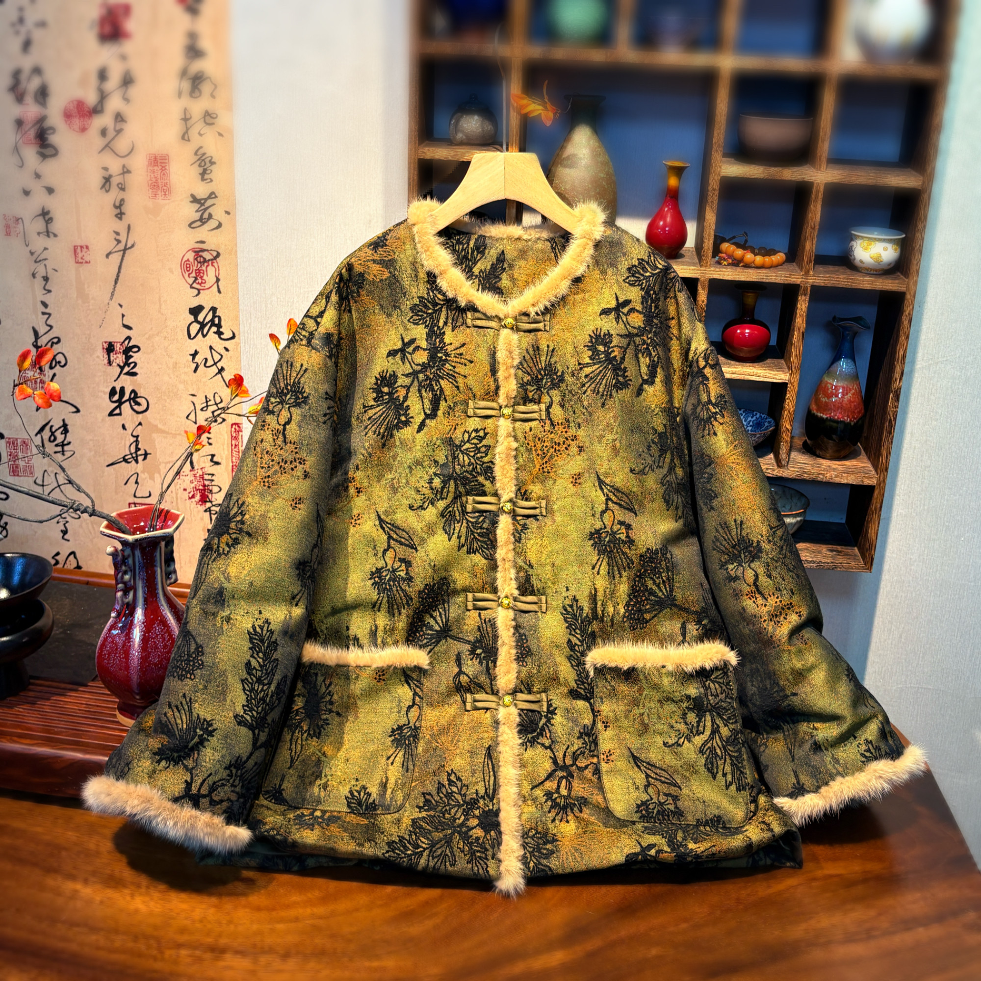 YUEZHE 2025冬季新款国风厚款棉服女复古新中式棉衣圆领提花上衣