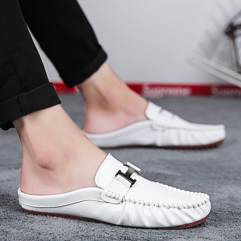 夏季男士豆豆包头半拖鞋无后跟懒人鞋皮面夏天打孔透气皮拖鞋白色在类目 流行男鞋, 拖鞋, 包头拖中 - 来自Buy2taobao.com提供专业的淘宝代购服务