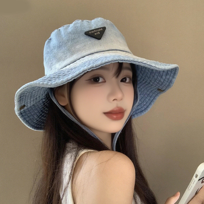 水洗牛仔渔夫帽子女日系蓝色贴标百搭显脸小盆帽防晒遮阳登山帽