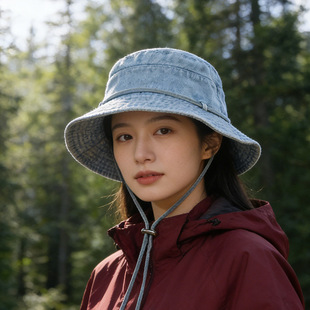 牛仔渔夫帽女春夏遮阳透气盆帽男女同款帽子百搭户外系绳登山帽子