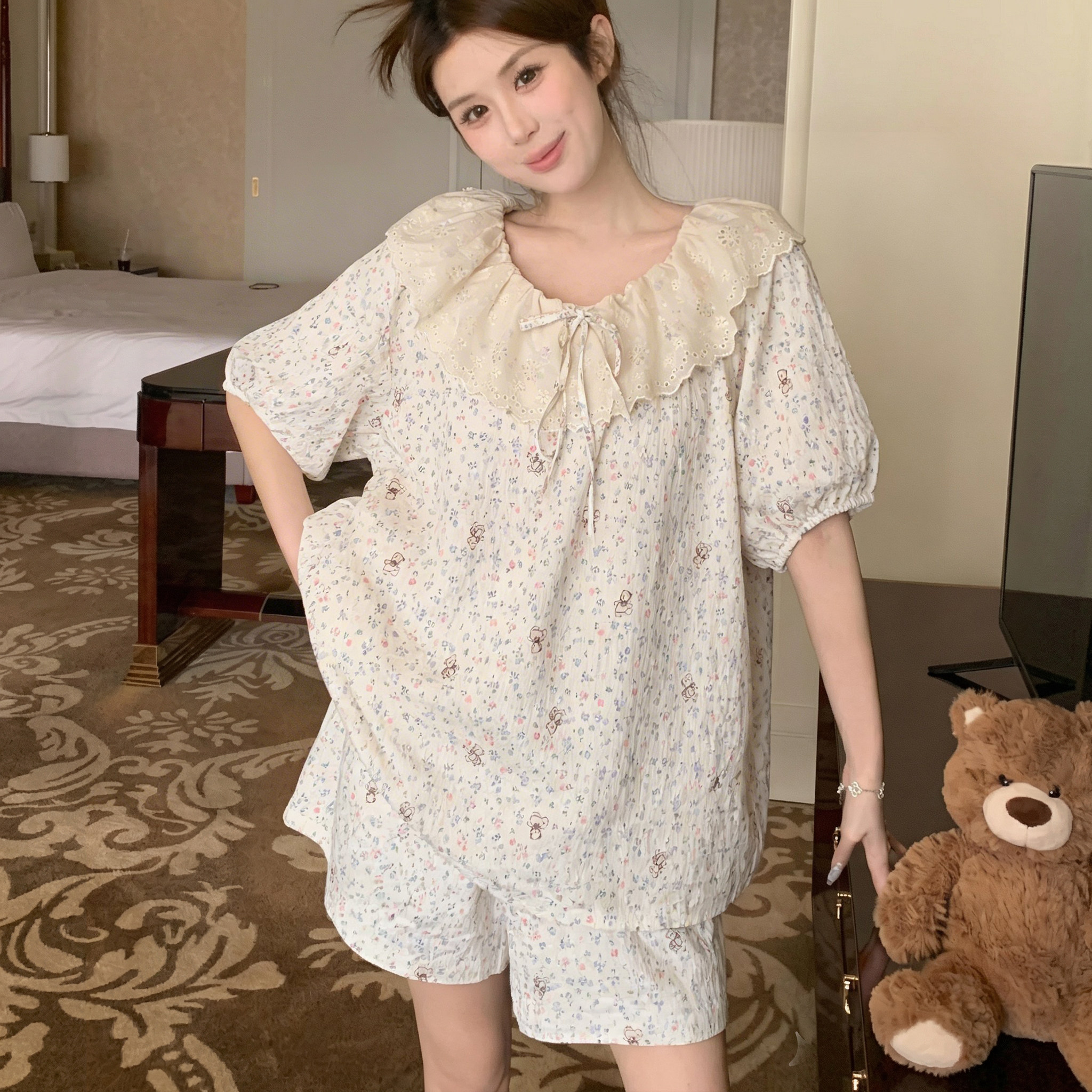 睡衣女夏季短袖可爱碎花小熊韩版薄款宽松甜美花边学生家居服套装