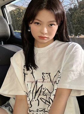 Rabbit mouse friend港风男女情侣款小众设计短袖T恤百搭宽松上衣