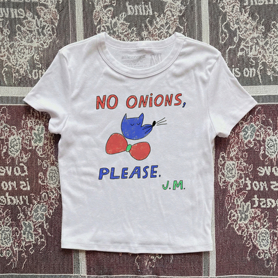 美式复古趣味猫咪NO ONIONS印花短袖T恤女修身显瘦辣妹短款上衣女