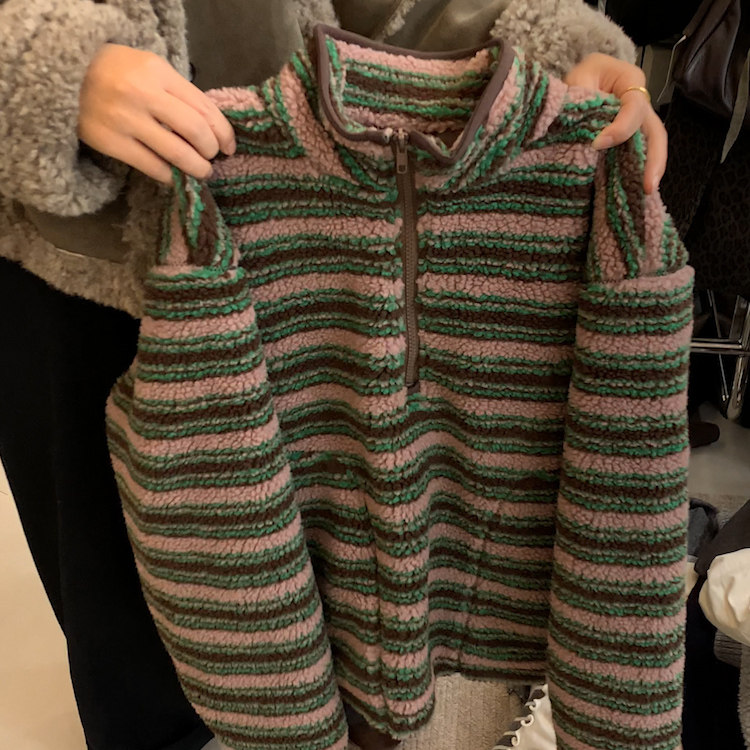 美拉德穿搭复古风~条纹摇粒绒外套女立领半拉链宽松百搭毛绒外套