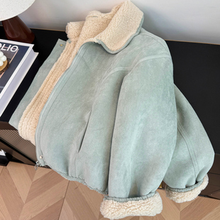 韩系小众风~薄荷绿皮毛一体羊羔毛秋冬外套女翻领加厚保暖棉服