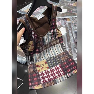显瘦古着小背心 小众复古风辣妹网纱格子拼接印花方领吊带上衣法式