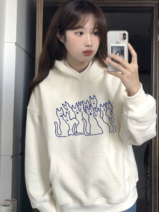 围观的猫加绒加厚连帽卫衣女2023年新款oversize小众高街连帽外套