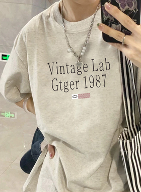 花灰色短袖t恤女2024年新款夏季宽松美式复古设计感高街潮牌上衣