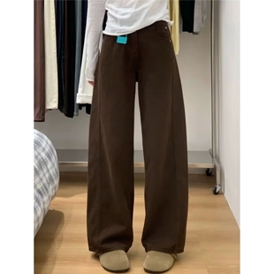 子 宽松显瘦遮胯直筒裤 咖啡色弯刀牛仔裤 女春秋咖棕色美拉德阔腿裤