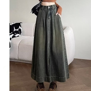 美式 高腰开叉大摆裙鱼尾a字裙子 复古牛仔半身裙女遮胯显瘦中长款