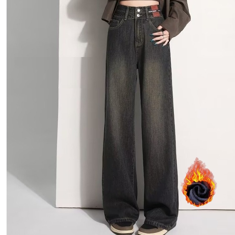 阔腿牛仔裤女秋冬加绒直筒拖地裤