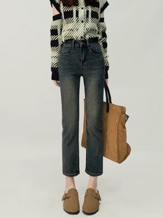 烟管裤 小个子复古九分裤 子 女高腰弹力显瘦韩式 2024春秋直筒牛仔裤