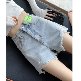 美式浅色牛仔短裤女夏季辣妹破洞阔腿裤高腰小个子毛边a字热裤子