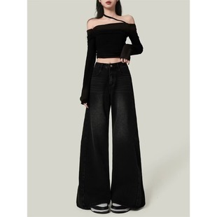 高个子拖地长裤 宽松显瘦弯刀裤 女春秋黑灰色喇叭裤 高腰阔腿牛仔裤