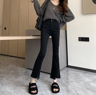弹力九分裤 辣妹风显瘦微喇叭牛仔裤 小个子高腰喇裤 百搭法式 女修身