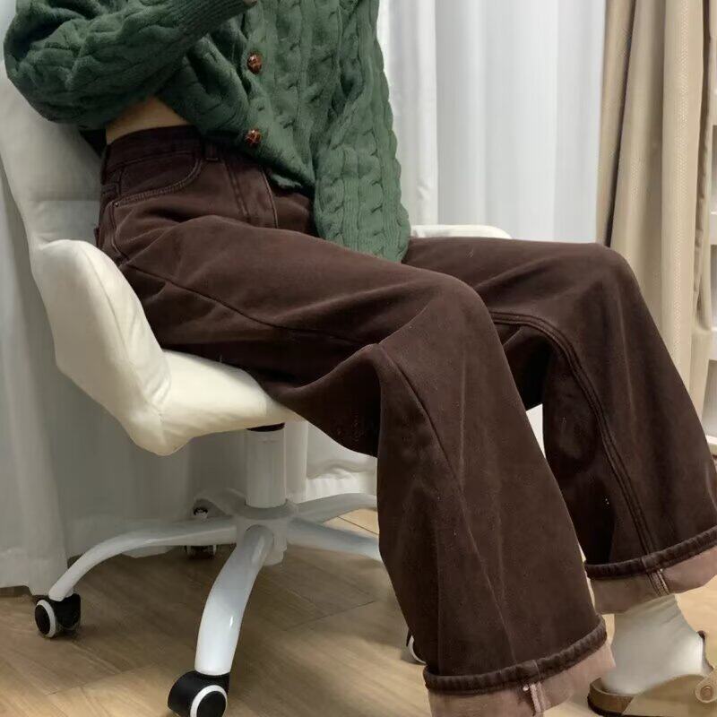 咖啡色阔腿牛仔裤女秋冬加绒加厚