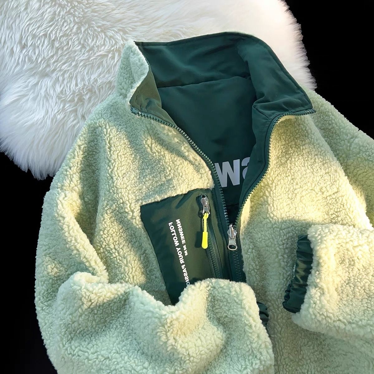 美式双面穿羊羔毛绒外套女冬季加绒加厚潮牌甜酷棒球服男情侣棉服