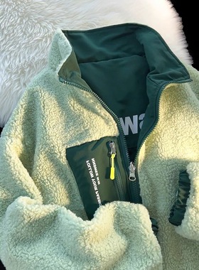 美式双面穿羊羔毛绒外套女冬季加绒加厚潮牌甜酷棒球服男情侣棉服