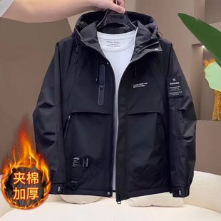 夹棉夹克冲锋衣外套男女 加厚宽松连帽工装 休闲保暖秋冬季 棉服新款