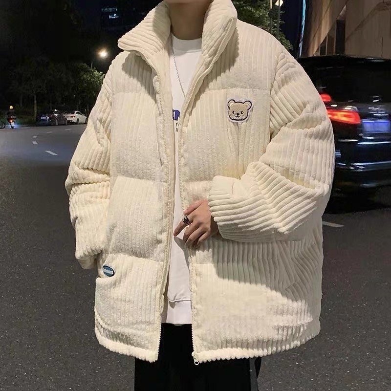 灯芯绒小熊棉衣外套男冬季潮牌新款宽松加绒加厚情侣港风棉服森系