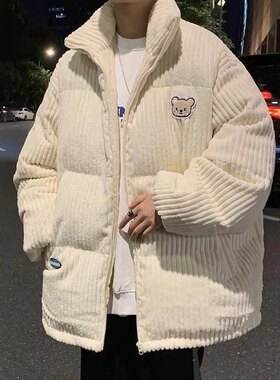灯芯绒小熊棉衣外套男冬季潮牌新款宽松加绒加厚情侣港风棉服森系