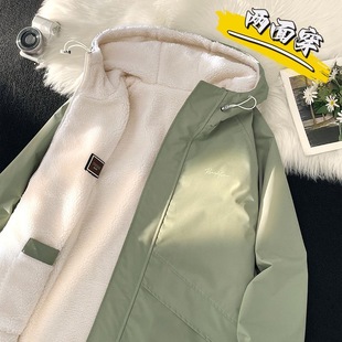 炸街双面穿羊驼绒新款 加绒加厚女甜酷外套棉服连帽冲锋衣潮 男冬季