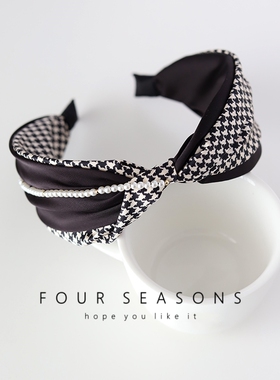 法式复古经典黑色千鸟格发箍拼色珍珠发卡精致缎面头箍网红头饰女