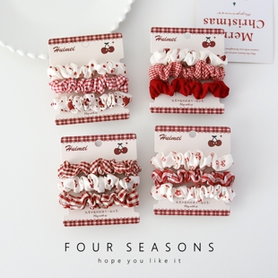 复古红色系格子碎花发绳甜美百搭少女小肠圈套装发圈日韩发饰头饰