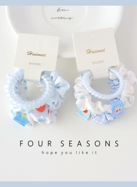 可爱蓝色卡通贴布小肠发圈电话线套装元气少女发饰扎马尾头绳发绳