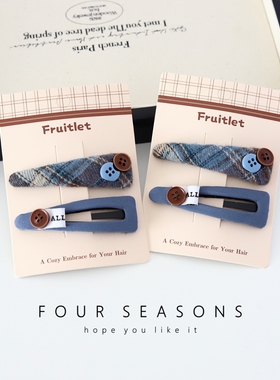 复古蓝色格纹发夹布艺水滴纽扣BB夹侧边夹韩系学院风头饰学生发饰