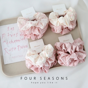 甜美粉色小清新碎花大肠发圈3件装组合橡皮筋 丸子头发饰马尾头绳