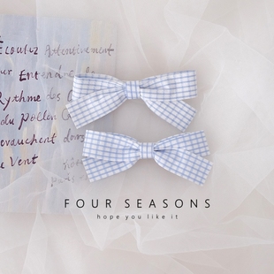 小清新蓝色格子蝴蝶结发夹甜美少女对夹侧边夹发饰学生格纹刘海夹